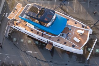 Lagoon EIGHTY 3 motor yacht top view at Bordeaux shipyard
